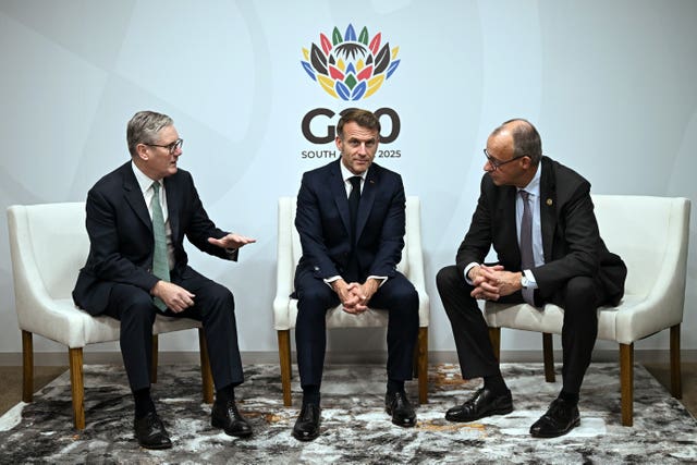 (left to right) Prime Minister Sir Keir Starmer, France’s President Emmanuel Macron and German Chancellor Friedrich Merz