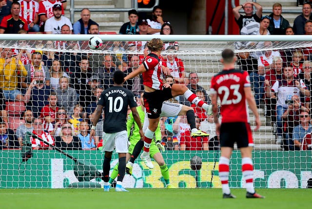 Jannik Vestergaard, second left, heads Southampton’s equaliser