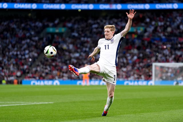 England's Anthony Gordon stretches to control the ball against Iceland