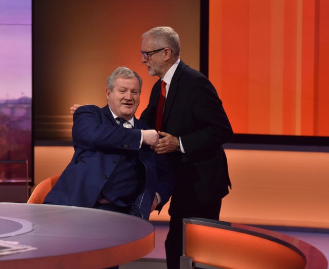 SNP Westminster Leader Ian Blackford greets Jeremy Corbyn on the BBC's Andrew Marr Show