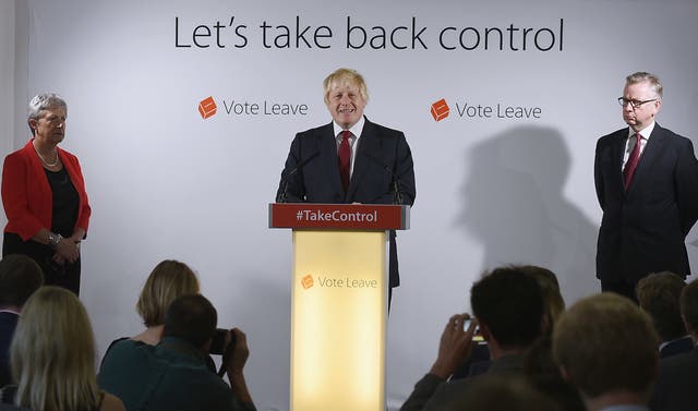 Boris Johnson, Michael Gove and Gisela Stuart at a Vote Leave press conference