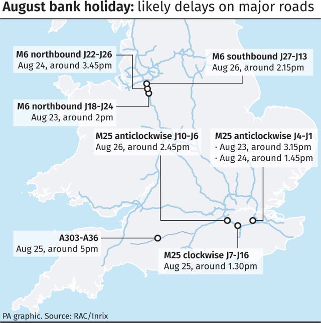 August bank holiday likely delays on major roads 