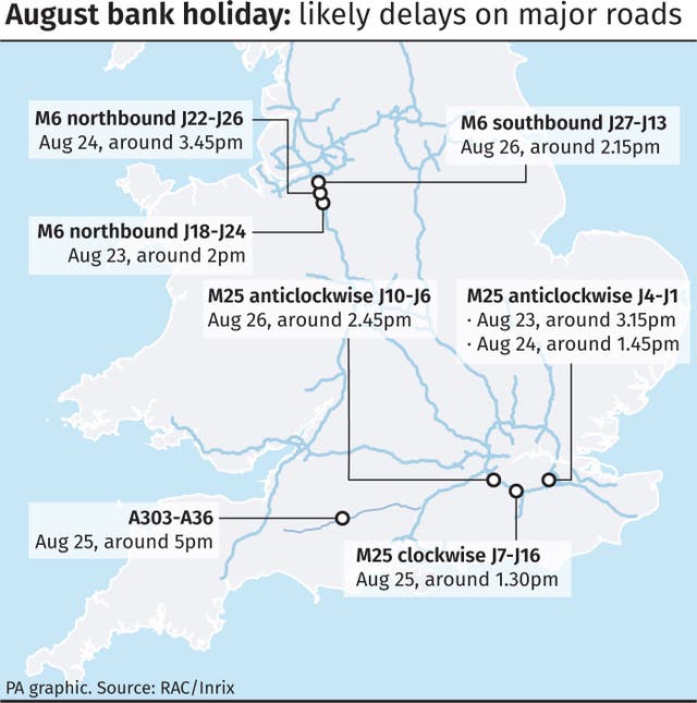 August bank holiday likely delays on major roads