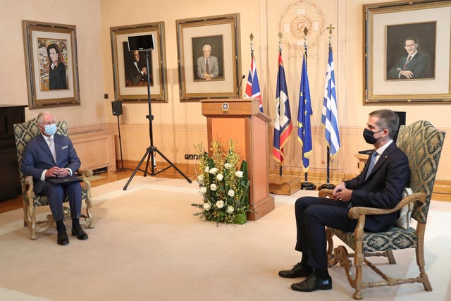 The Prince of Wales (left) with Mayor of Athens, Kostas Bakoyannis, at Athens City Hall, Athens, (Chris Jackson/PA)