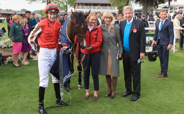 Connections of Give And Take celebrate winning the Musidora Stakes at York