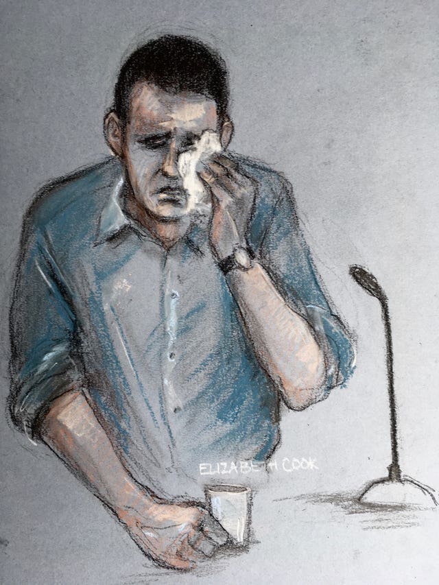 Court artist sketch of Timothy Brehmer giving evidence during his trial (Elizabeth Cook/PA)