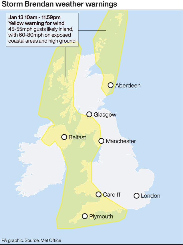 Storm Brendan weather warnings