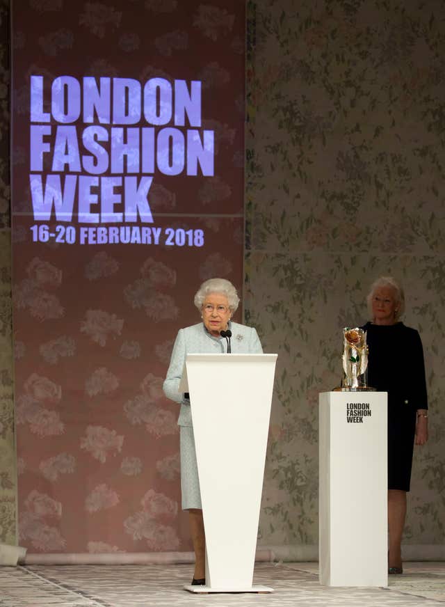 The Queen delivers a speech following Richard Quinn's Autumn/Winter 2018 London Fashion Week show (Isabel Infantes/PA)