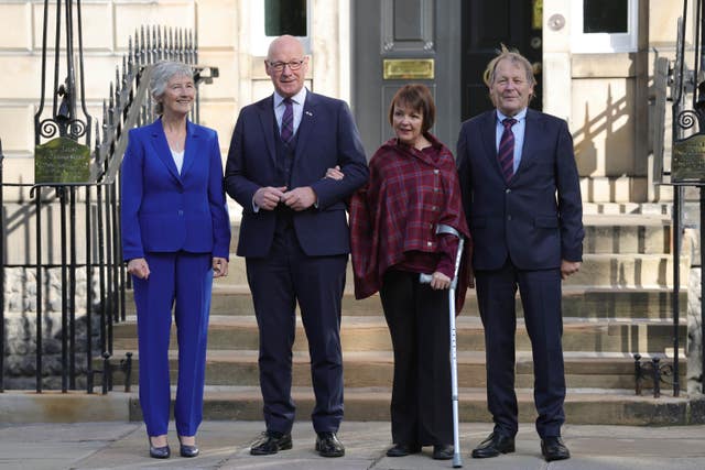 Catherine Connolly, John Swinney, Elizabeth Quigley and Brian McEnery outside Bute House