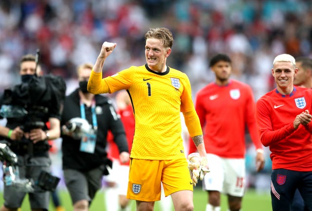 Jordan Pickford celebrates victory over Germany