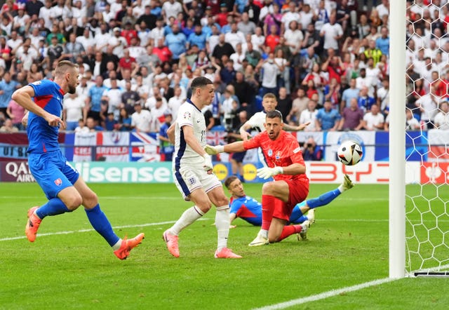 England’s Phil Foden scores before the goal is ruled out for offside