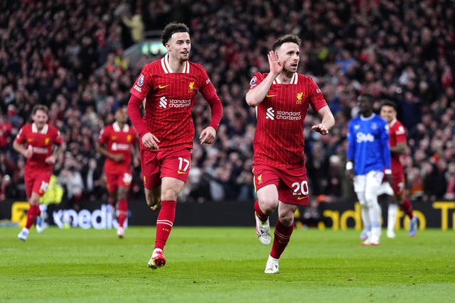 Liverpool's Diogo Jota (right) celebrates with team-mate Curtis Jones after scoring against Everton