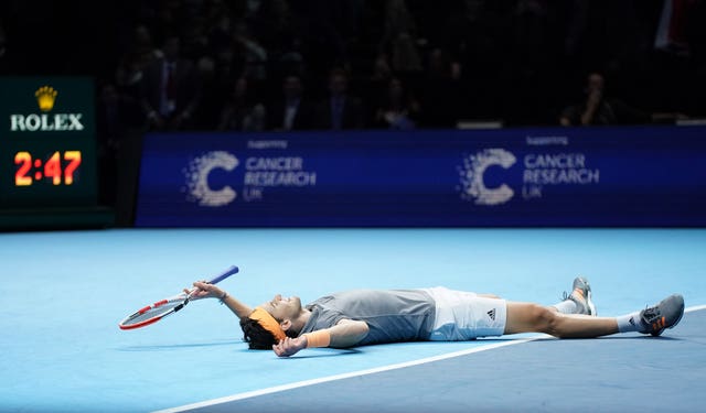 Dominic Thiem celebrates his epic win over Novak Djokovic in London last year