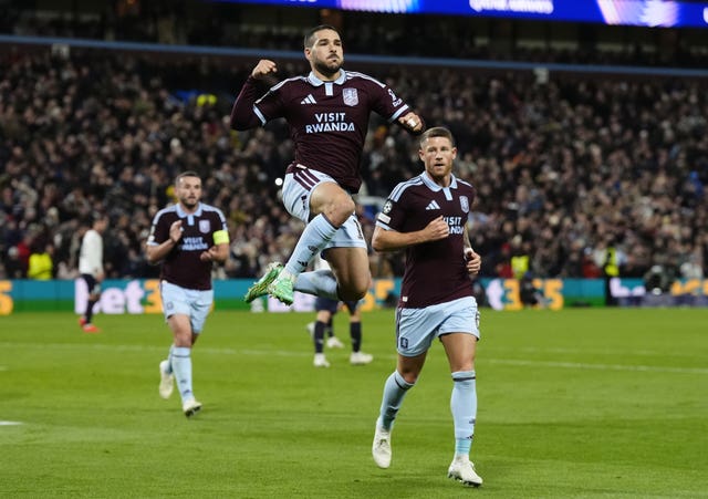 Emi Buendia celebrates scoring Villa's second