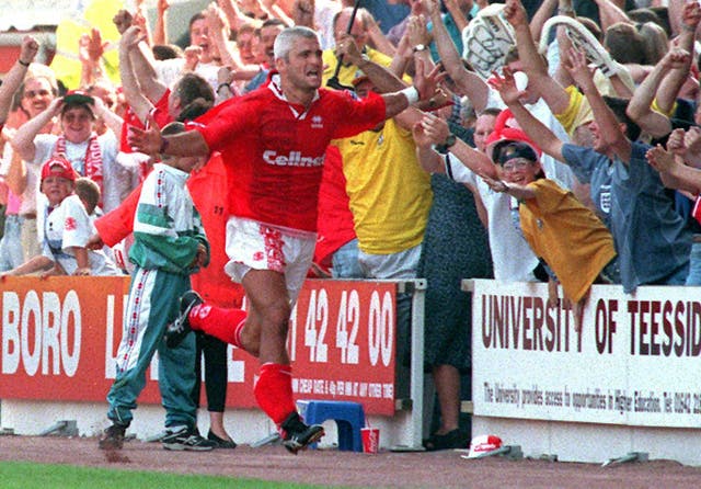 Fabrizio Ravanelli celebrates one of his three debut goals for Middlesbrough