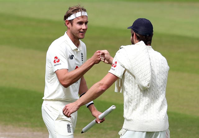 Chris Woakes, right, and Stuart Broad at the end of the Test