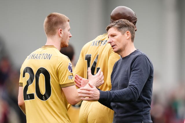 Crystal Palace’s Adam Wharton (left) and manager Oliver Glasner after the Premier League match at the Gtech Community Stadium, London
