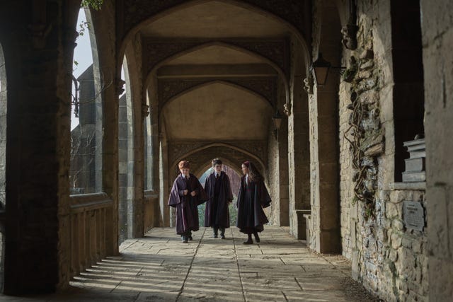 Alastair Stout as Ron Weasley, Dominic McLaughlin as Harry Potter and Arabella Stanton as Hermione Granger,