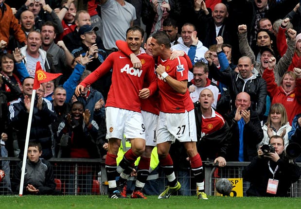 Dimitar Berbatov hit a hat-trick to down Liverpool 3-2 at Old Trafford in 2010.