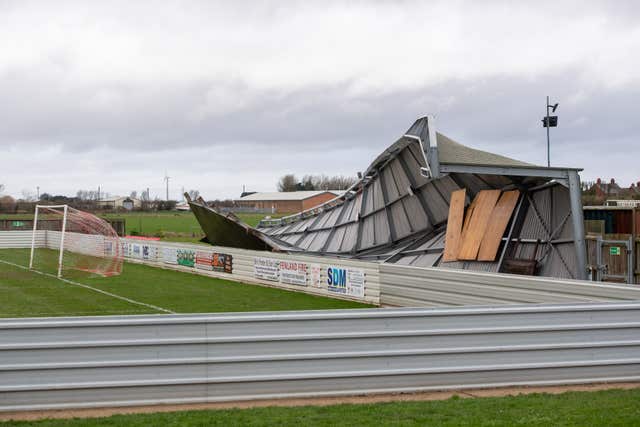 Non-league club Wisbech Town have felt the full force of Storm Ciara after a stand at their Fenland Stadium collapsed