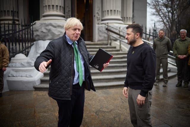 Former UK prime minister Boris Johnson meeting President Volodymyr Zelensky in Kyiv on Sunday