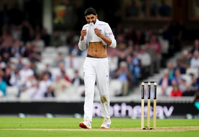 Shoaib Bashir reacts after a dropped catch