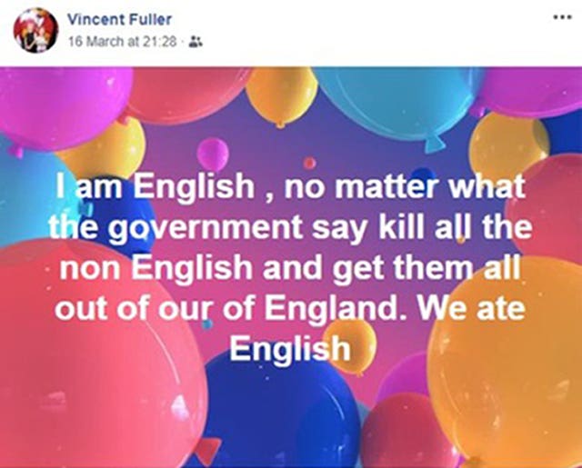 A Facebook post by Vincent Fuller before carrying out the terror attack