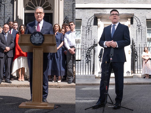 Composite photos Sir Keir Starmer speaking from a lectern on Downing Street, and Andy Burnham standing without a lectern speaking on Downing Street