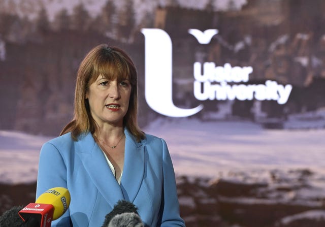 Chancellor Rachel Reeves in front of an Ulster University logo during a visit to Studio Ulster in Belfast