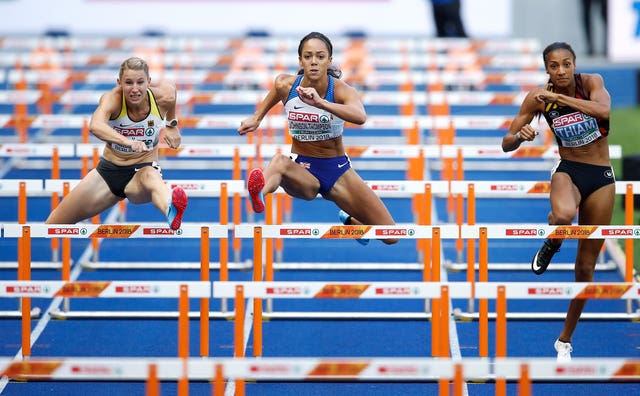 Katarina Johnson-Thompson in action against Nafi Thiam