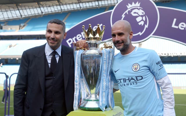 Pep Guardiola, right, will discuss the prospect of a new deal with Manchester City chairman Khaldoon Al Mubarak, left 