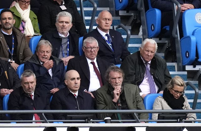 Sir Alex Ferguson, Jason Wilcox, Omar Berrada, Sir Jim Ratcliffe and Catherine Polli in the stands watchign Manchester United