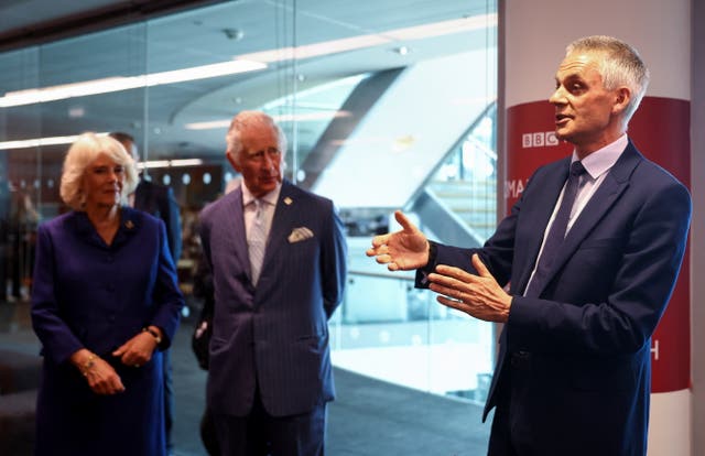 Tim Davie with Charles and Camilla during a visit to the BBC World Service at BBC Broadcasting House in 2022