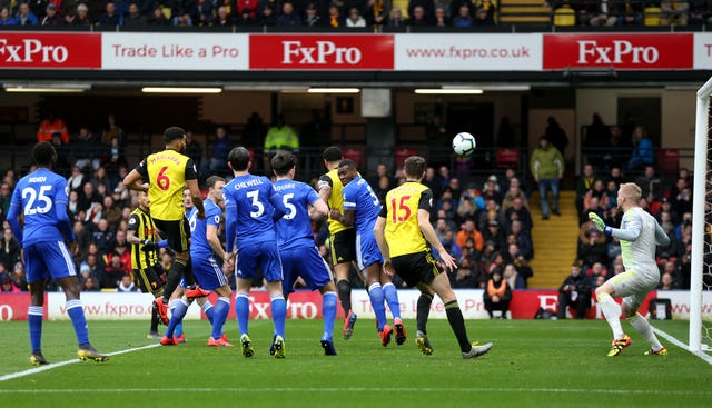 Troy Deeney heads Watford in front against Leicester 