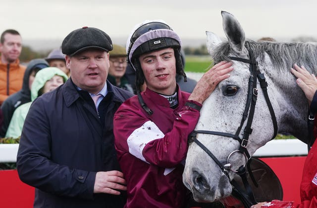 Gordon Elliott with jockey Danny Gilligan and Coko Beach after winning the Troytown at Navan