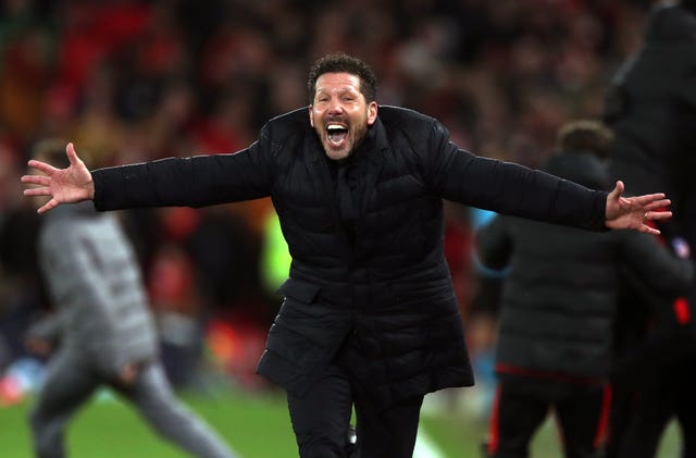 Atletico Madrid manager Diego Simeone celebrates a famous win