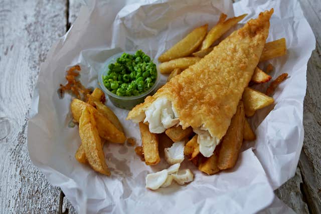 Fish, chips and mushy peas
