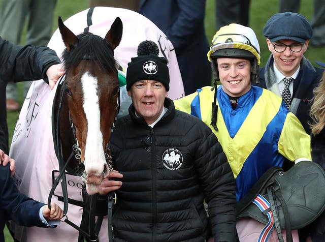 Trainer Joseph O’Brien (right) with his first Cheltenham Festival winner, Band Of Outlaws