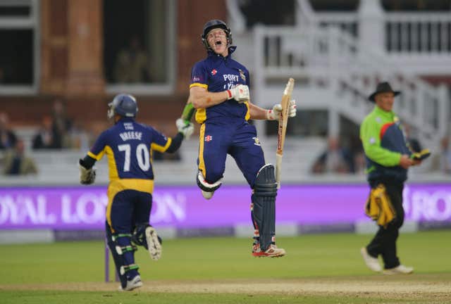 Ben Stokes celebrates after Gareth Breese hit the winning runs during the 2014 Royal London One Day Cup final 
