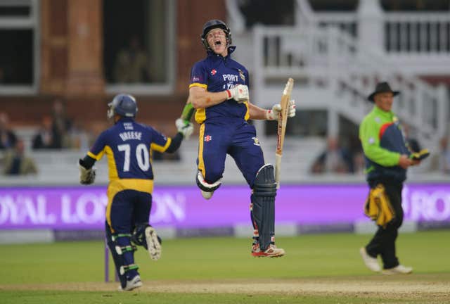 Ben Stokes celebrates after Gareth Breese hit the winning runs during the 2014 Royal London One Day Cup final