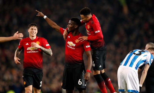 Paul Pogba celebrates his second in Manchester United's 3-1 win against Huddersfield in Ole Gunnar Solskjaer's first home game in charge