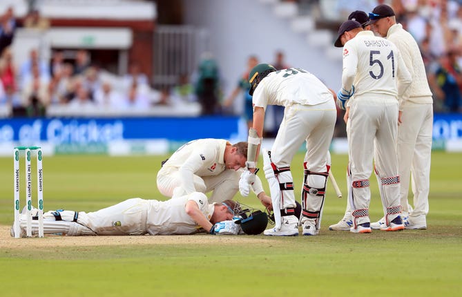 Smith was struck on the neck by a bouncer from debutant Jofra Archer. He returned to bat and made 92 but was ruled out of the rest of the Test and the third match at Headingley with concussion