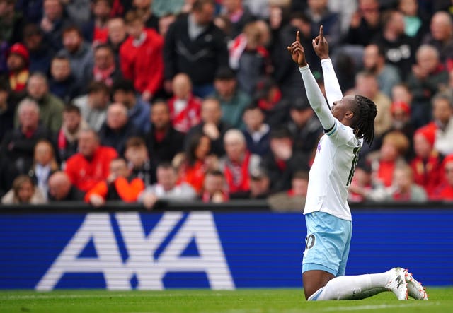 Eberechi Eze celebrates scoring against Liverpool