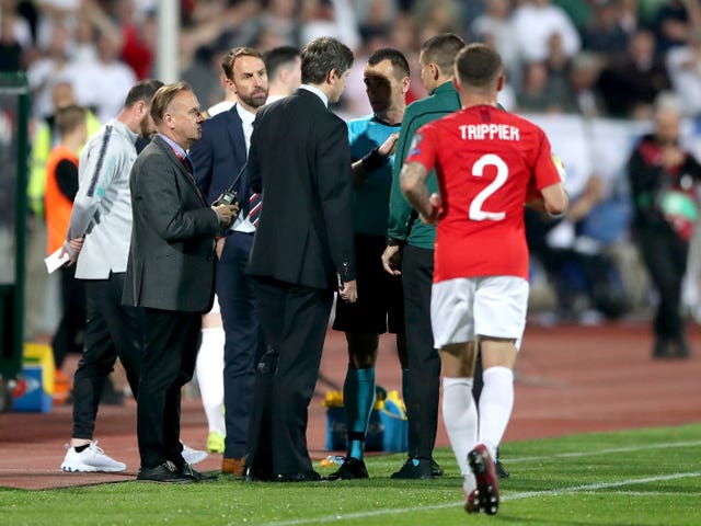 England manager Gareth Southgate talks to the referee during the Bulgaria v England match in Sofia