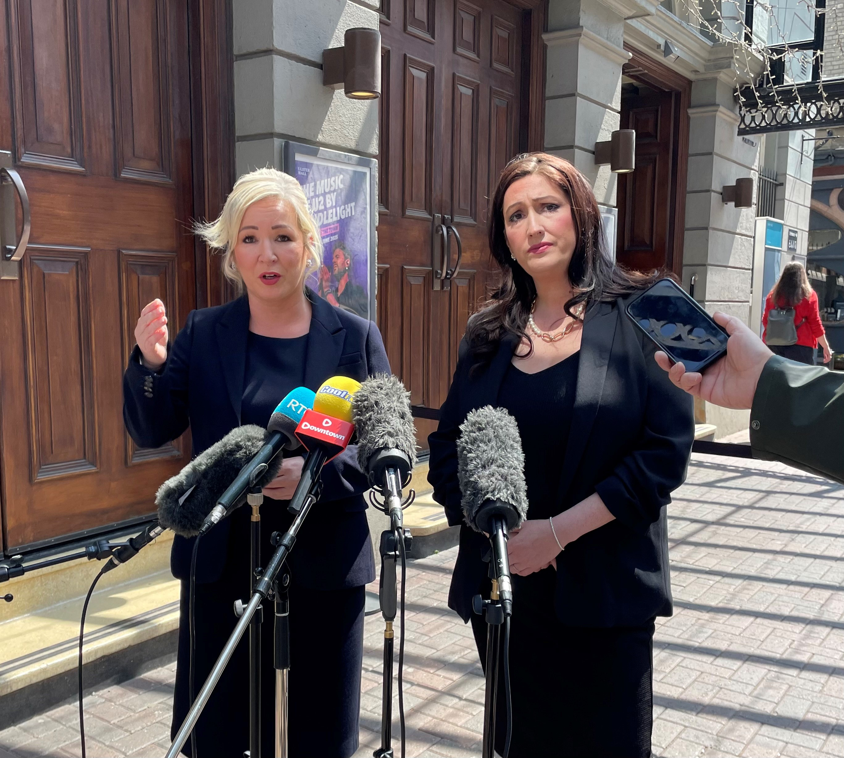 Northern Ireland’s First Minister Michelle O’Neill and deputy First Minister Emma Little-Pengelly speak to media at the Ulster Hall in Belfast