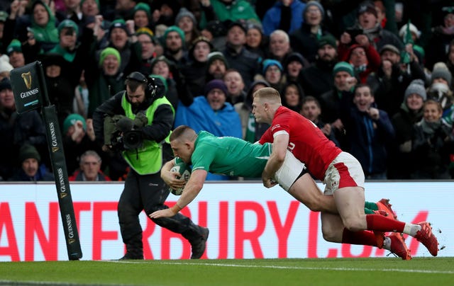 Andrew Conway scores Ireland's fourth try as their Dublin dominance against Wales continued with a 24-14 bonus-point victory at the Aviva Stadium
