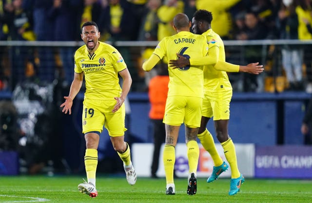 Villarreal goalscorers Francis Coquelin, left, and Boulaye Dia, right, celebrate Dia's opener
