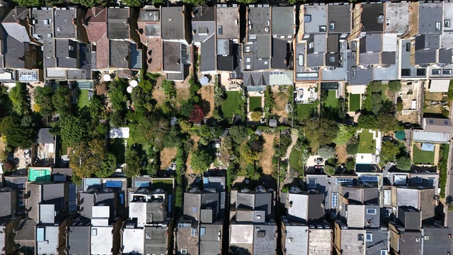 Aerial view of homes and gardens in Fulham, west London