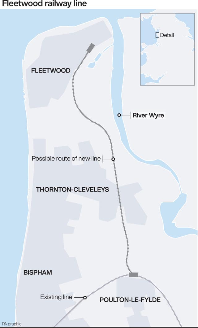 Graphic shows possible route of Poulton-le-Fylde to Fleetwood railway line