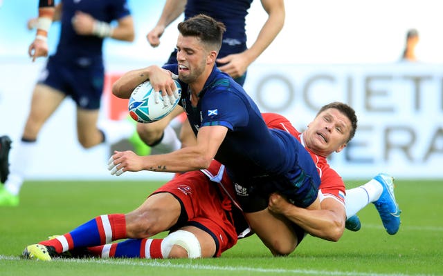 Adam Hastings, pictured in try-scoring action during the World Cup, is expected to face Ireland in Scotland's Six Nations opener.